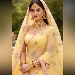New designer pastel Yellow Embroidered Indian Pakistani Saree with Gold Accents